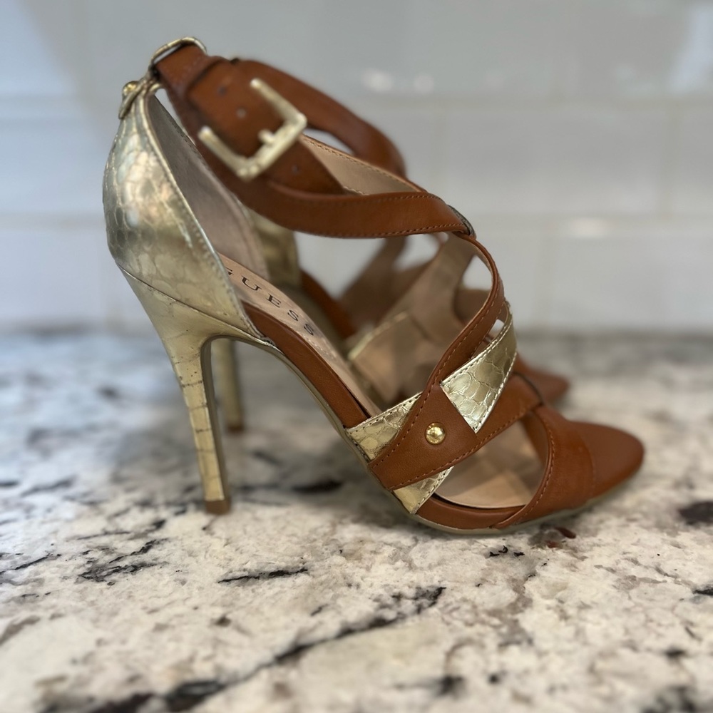 Guess gold and saddle color Strappy Sandal size 6.